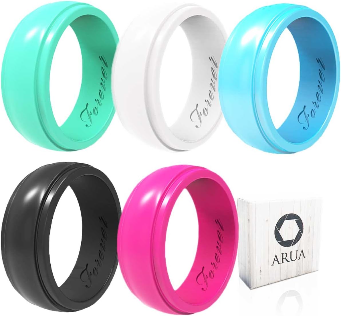 Arua Silicone Wedding Ring for Women 5-Pack -Glossy Wedding Bands. Gift Box Included. Comfortable Rubber Rings for Active Ladies