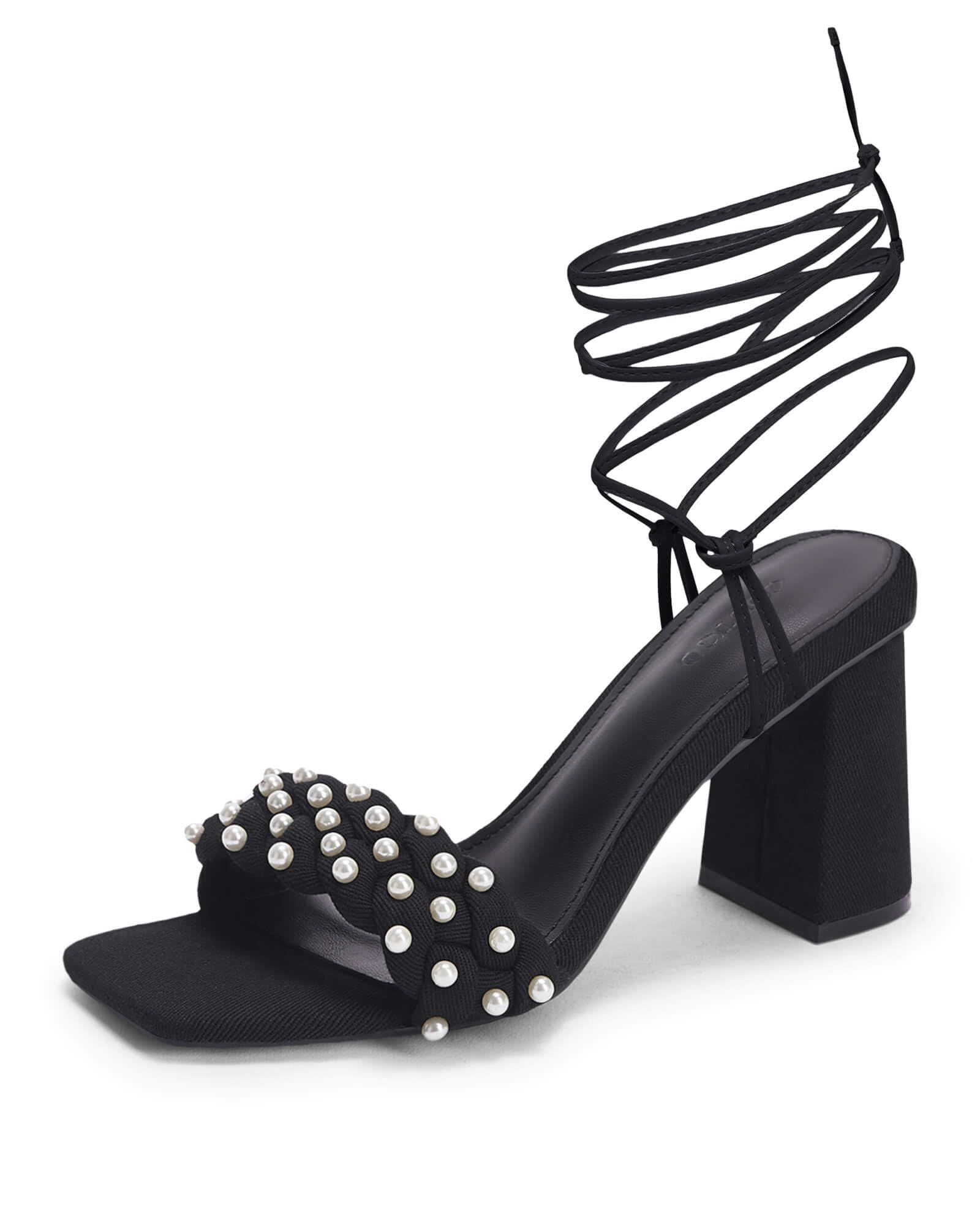 Coutgo Womens Pearl Strappy Heels Sandals Braided Lace Up Chunky Heels Square Open Toe Party Dress Shoes