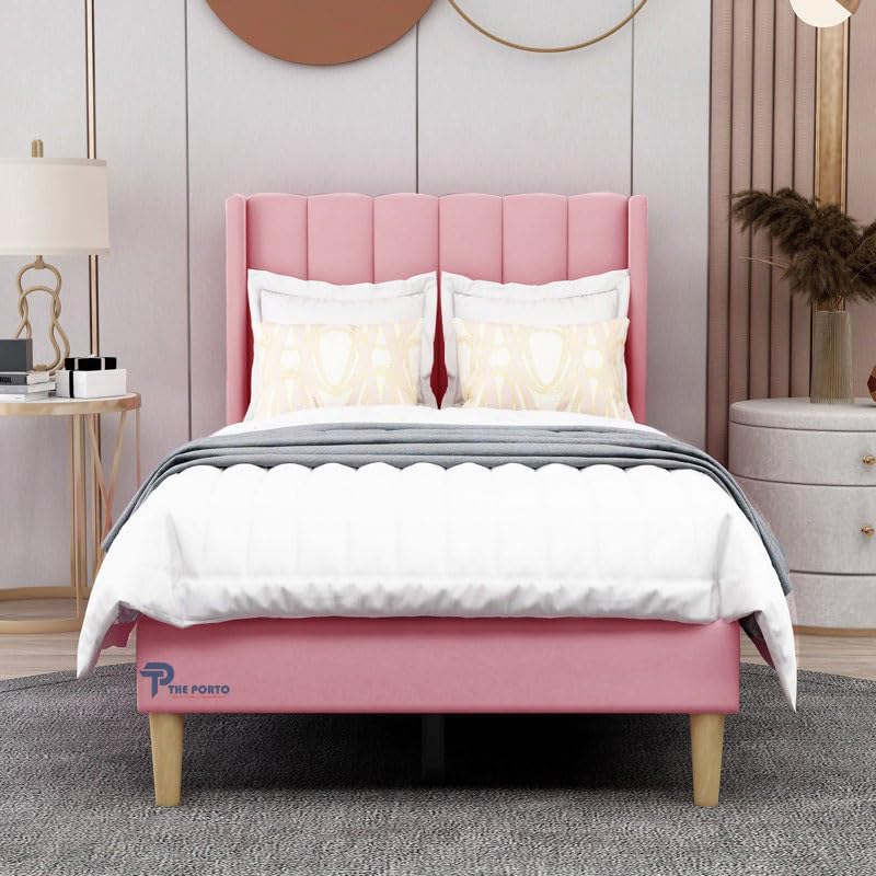 Image of Solid Wood Upholstered Single Bed for Bedroom Without Storage | Premium Fabric with Wingback Headboard | Wooden Single Bed Palang for Home | Stylish Single Cot Bed | 6 x 4 Ft, Pink