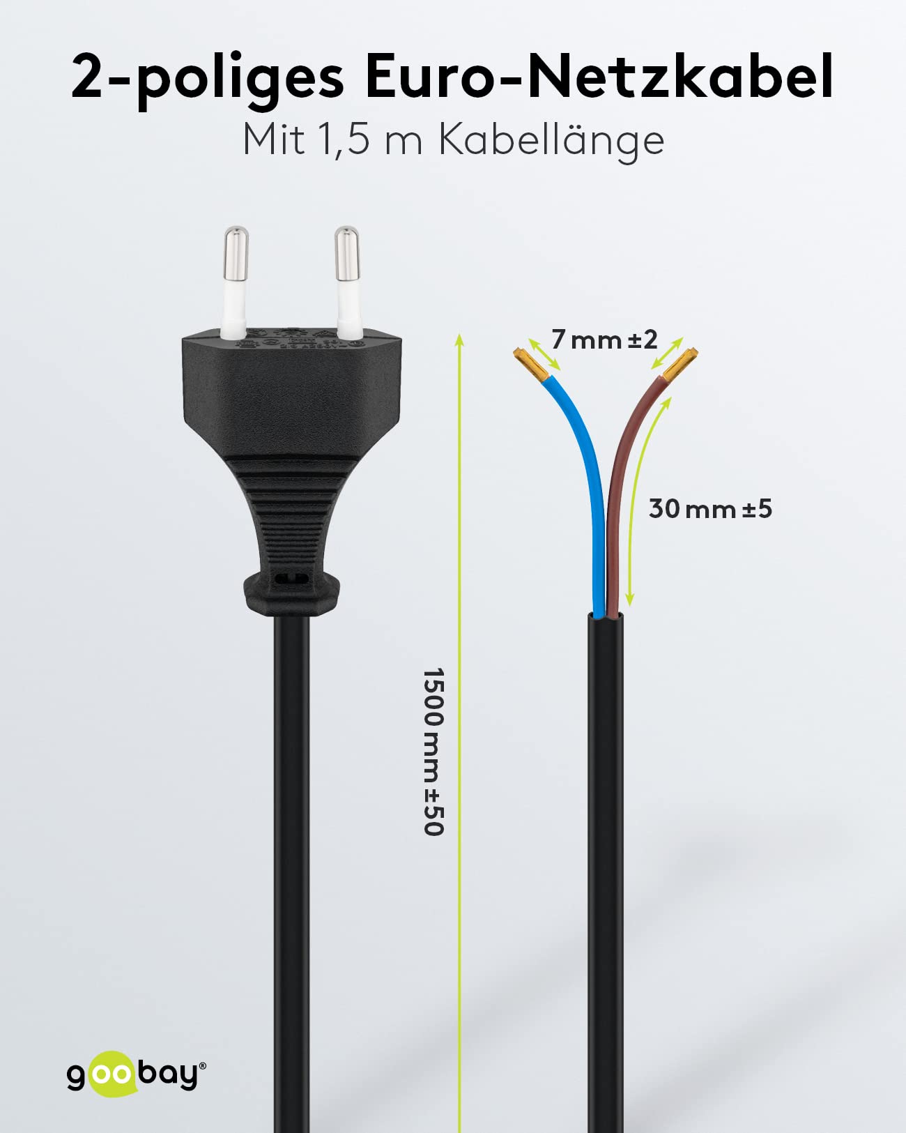 Goobay 50085 kabel sieciowy 2-biegunowy wtyczka euro i otwarte końce kabel zasilający 2-biegunowy kabel z wtyczką Euro cee 7/16 tulejki kablowe kabel euro/czarny / 1,5 m