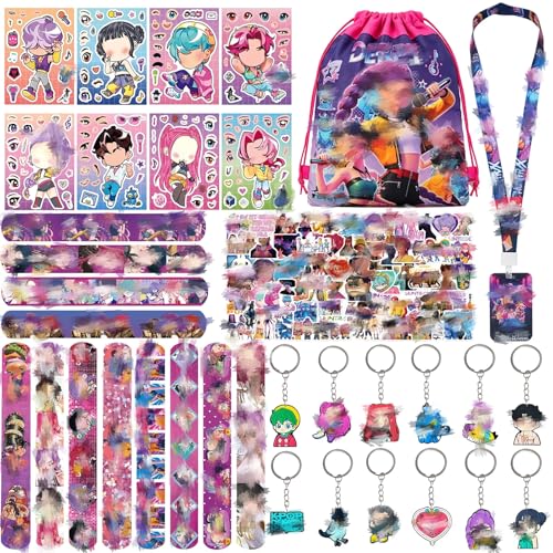 103 PCS Kp0P Party Bag Fillers for Kids Kids Party Favours With Drawstring Bag Card Holder 8 Puzzle Stickers 12 Keyrings 12 Snap Bands 69 Stickers for Childrens Stocking Fillers for Boys Girls