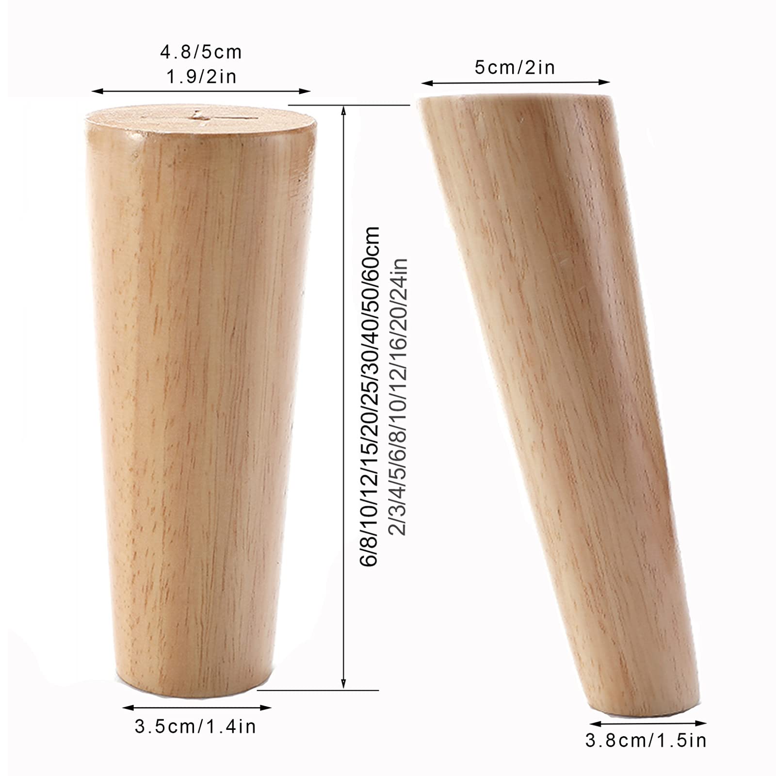 4x nóżki meblowe, drewniane, wymienne, wytrzymałe, do sofy, stołu, gabinetu kuchennego, cichej komody, stożkowe, z akcesoriami, proste - 25 cm/10 cali (skośne 20 cm/8 cali) (proste 15 cm/6 cali)