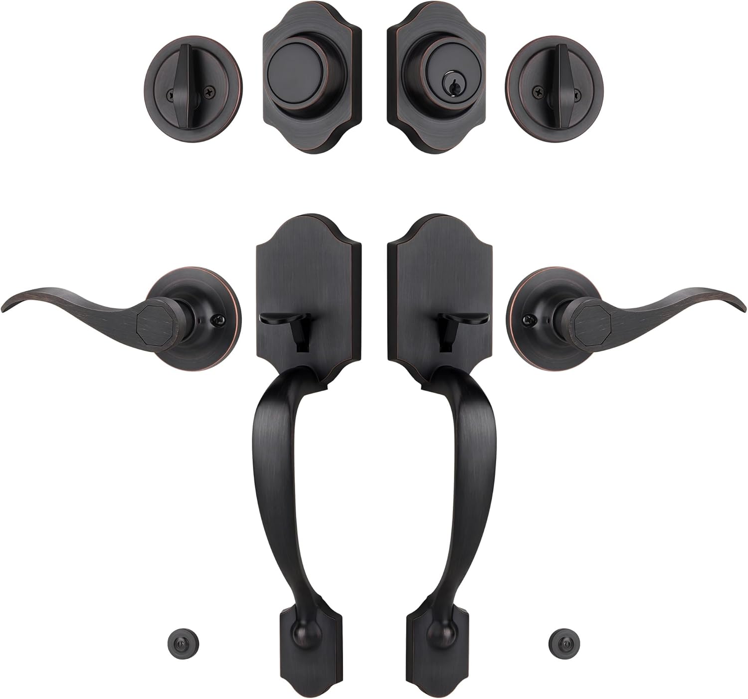 Double Front Door Handleset with Deadbolt – Oil-Rubbed Bronze Classic Entry Handle Set with Dummy, Reversible Lever, Zinc Alloy, Exterior Lock Set
