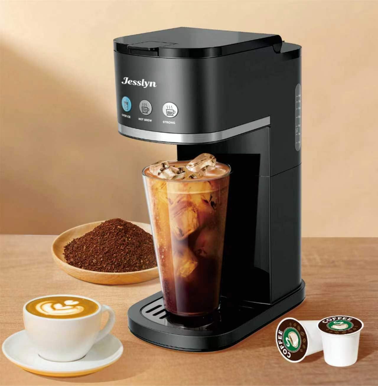 Jesslyn Single Serve Hot and Iced Coffee Maker, Compatible with Multiple Coffee Pods & Ground, Fits Tall Mugs, Over Ice & Strong Brew Function, for Home Office Travel RV Dorm, Classic Black