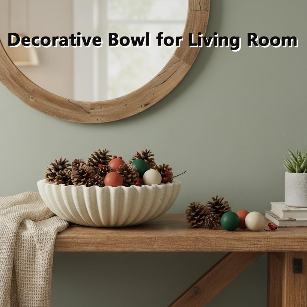 Large Decorative Bowls for Home Decor - Handmade Key/Purse Bowl for Entryway Table - Fruit Bowl for Kitchen - 10" Beige Resin Coffee Table Decor