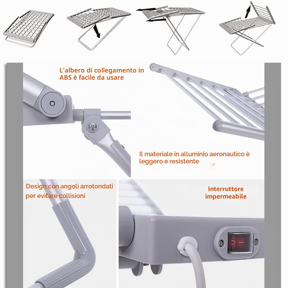 20 Bars Stendibiancheria Elettrico Basso Consumo, Stendino Elettrico Riscaldato Pieghevole 230W, Stendibiancheria Elettrico Asciugabiancheria