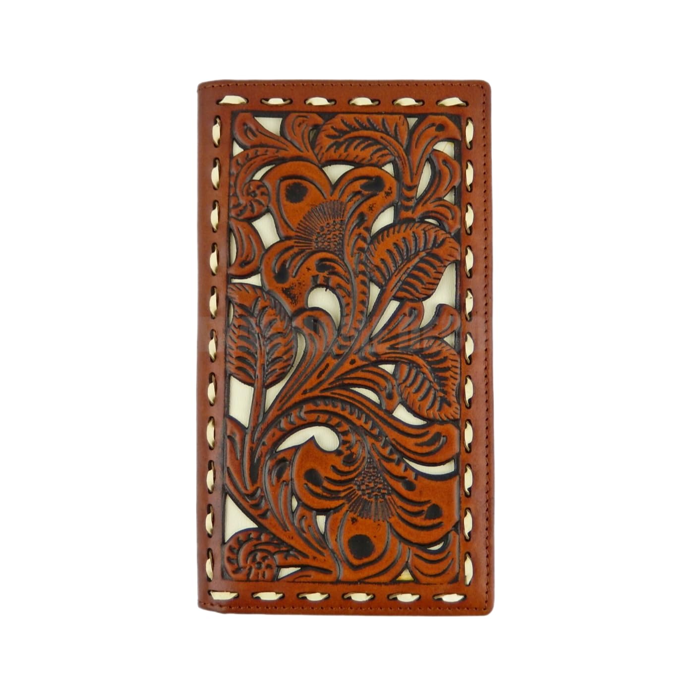 Western Rodeo Wallet Bi-Fold Genuine Brown Leather Tooled Leaf Thick Stitching 6 3/4 inches long x 3 5/8 inches wide Handmade Wall Artisan Art Vintage