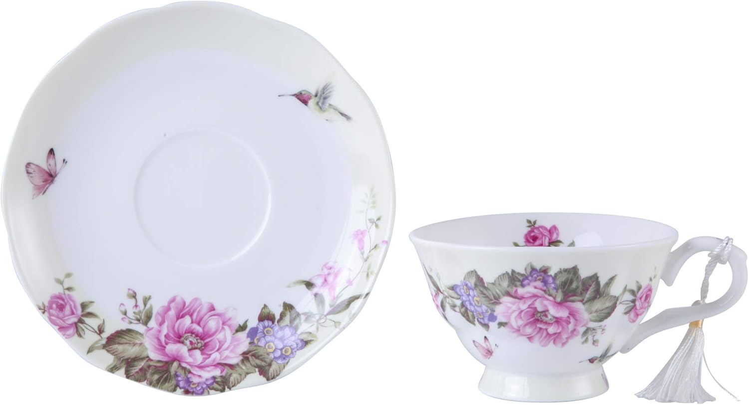 London Boutique Coffee Tea Cup and Saucer Set 4 Shabby Chic Vintage Porcelain Bird Butterfly Flora Gift Box 7.5OZ (4 Colours)
