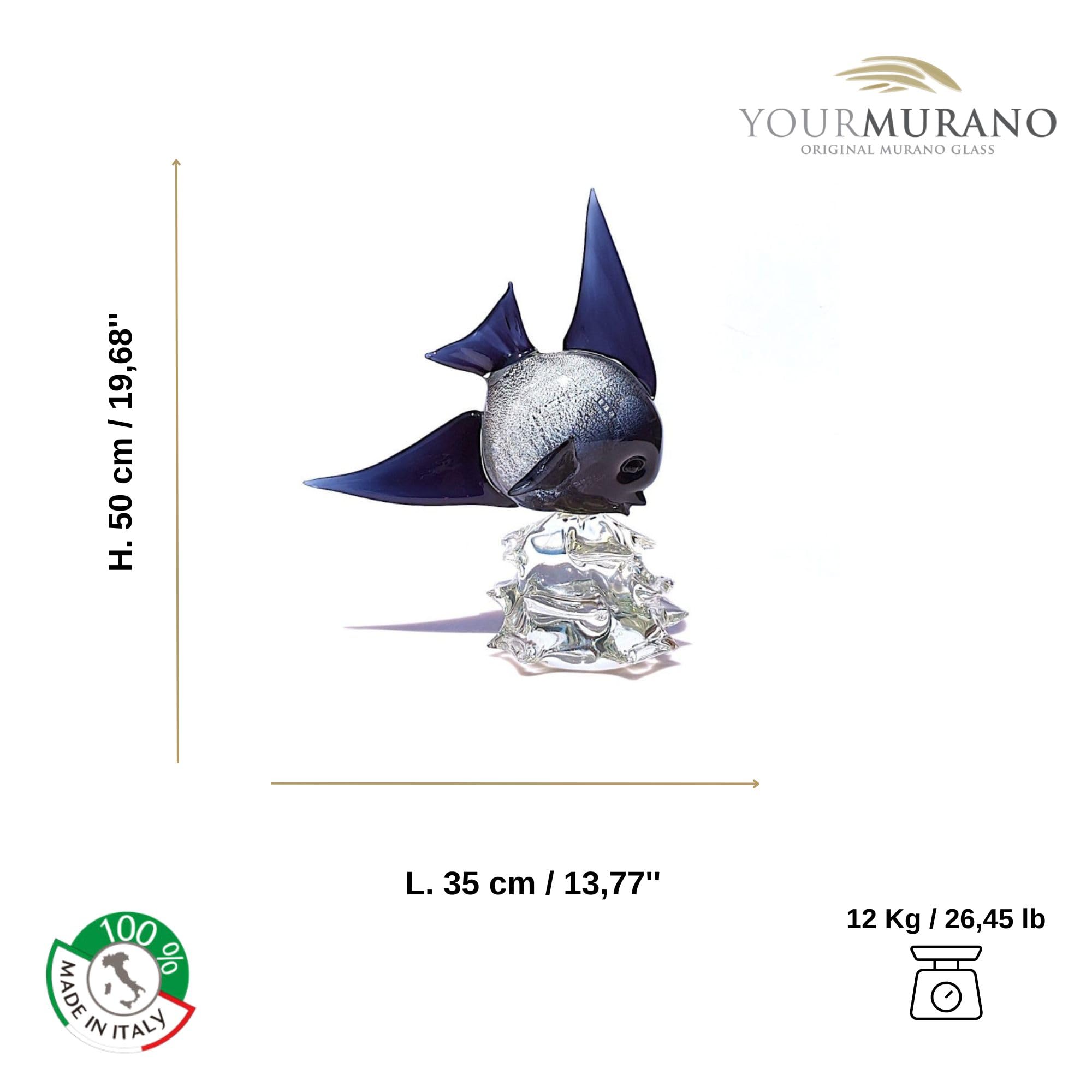 Scultura in Vetro di Murano di Pesce Angelo Tropicale Blu Argento, Figura Originale in Vetro Soffiato Made in Italy per Arredamento Casa, Marchio di Origine, YourMurano