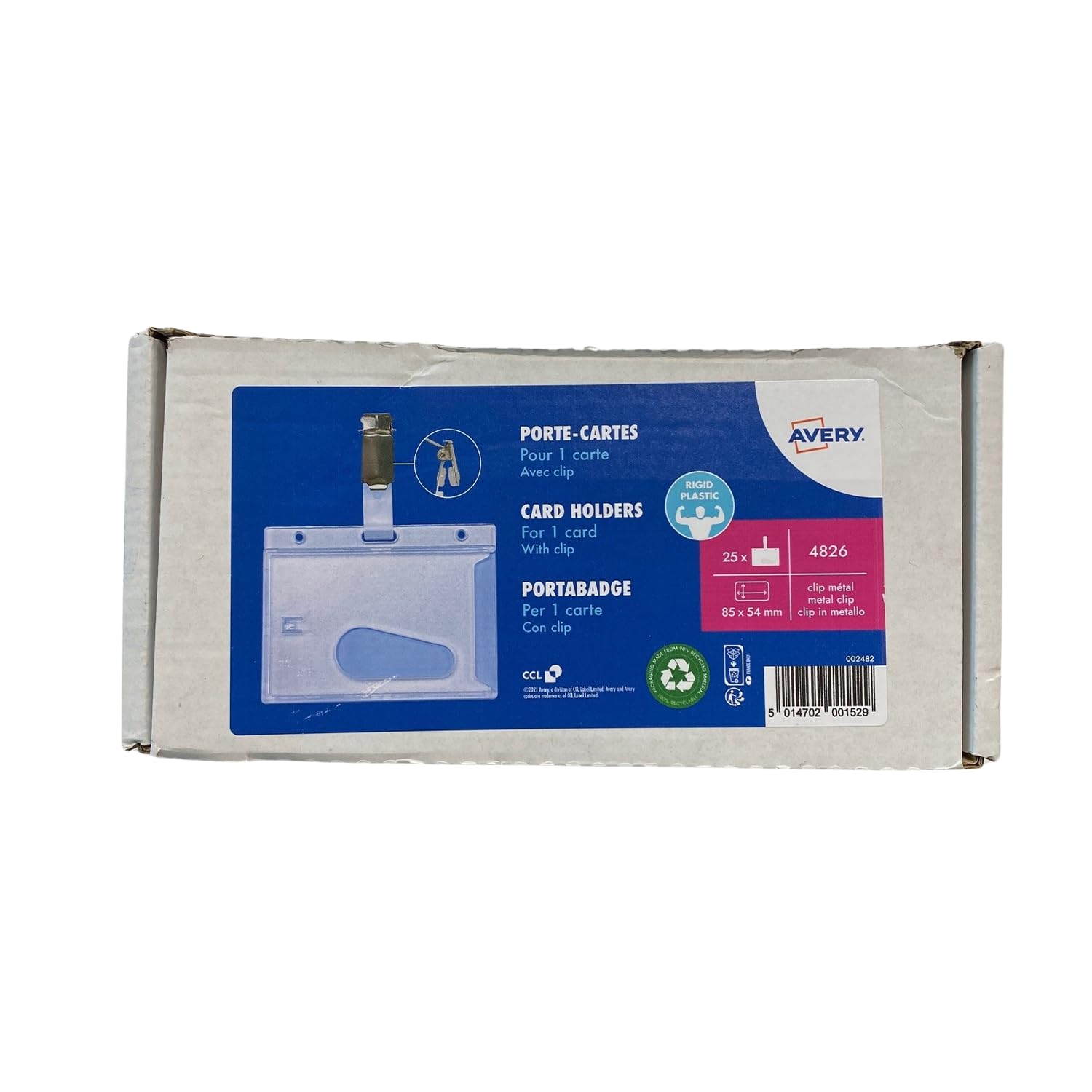 AVERY Zweckform L4785-20 Namensetiketten 200 Stück (80x50mm, bedruckbar) weiß & 4826 Namensschild Kartenhalter 25 Stück (54x85mm, mit Clip, für 1 ID-Karte, Ausweishülle) transparent