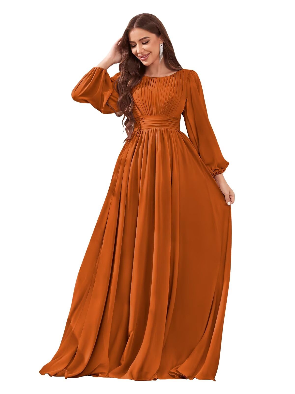 Long Sleeve Chiffon Bridesmaid Dresses for Women Wedding A-line Ruched Formal Evening Gown