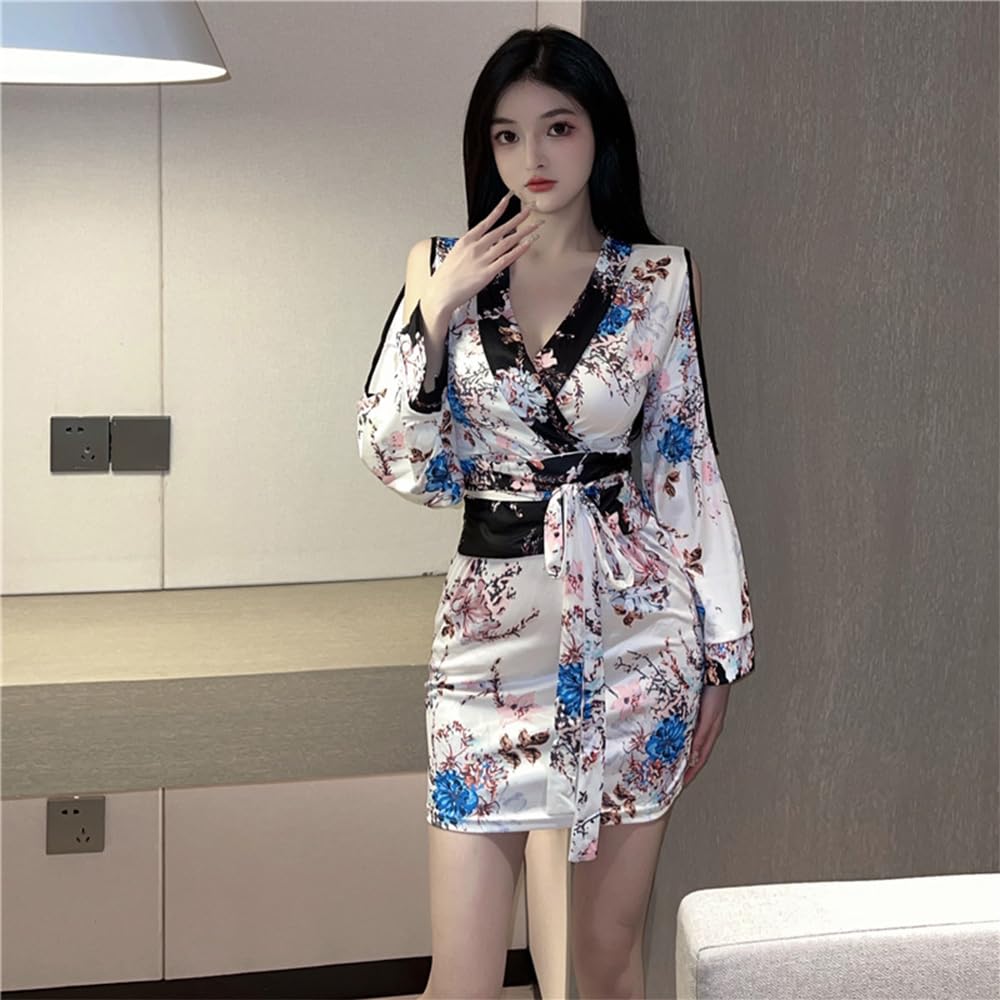 QNCLO Japanese women's cosplay cardigan kimono nightgown floral geisha bathrobe lingerie: White1