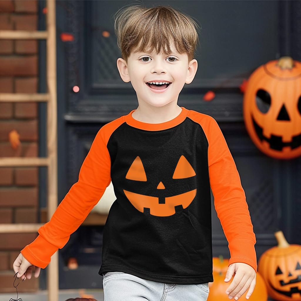 Sineeko Toddler Boy Girl Halloween Pumpkin Shirt Long Raglan Sleeve Outfits Jack O' Lantern Tops Cotton Kids Clothes Pumpkin Face Tshirt Black 7T
