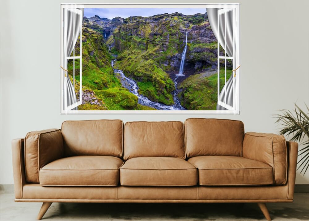 JZZE22692 Iceland Mountains Waterfalls Rivers Canyon| Self-Adhesive Open Window Wall Sticker
