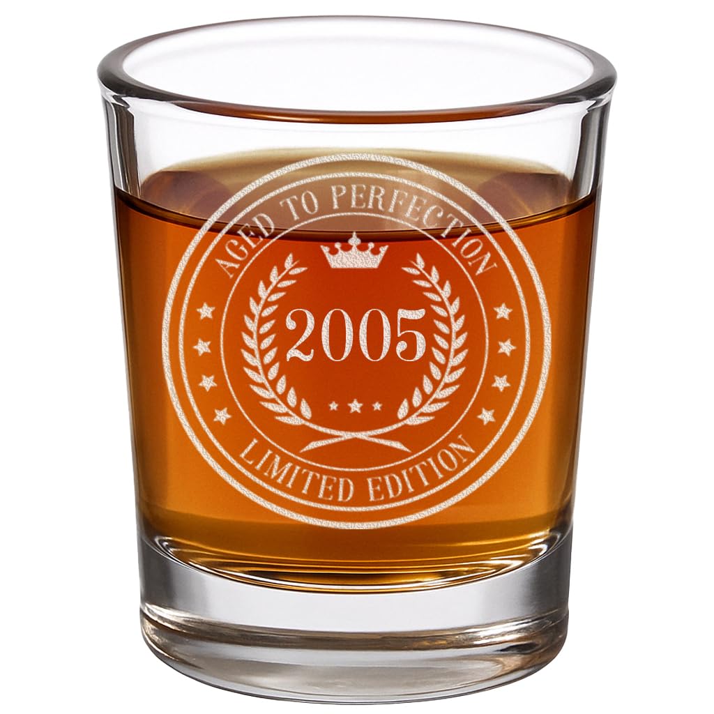 Spotted Dog Company Vintage 2005 Etched 2.5oz Shot Glass – Happy 21st Birthday Gifts, Decorations Men Women Guy, Turning 21 Year Old, Bday Party Favors Supplies, Finally 21 Best Gift Idea Son Circle
