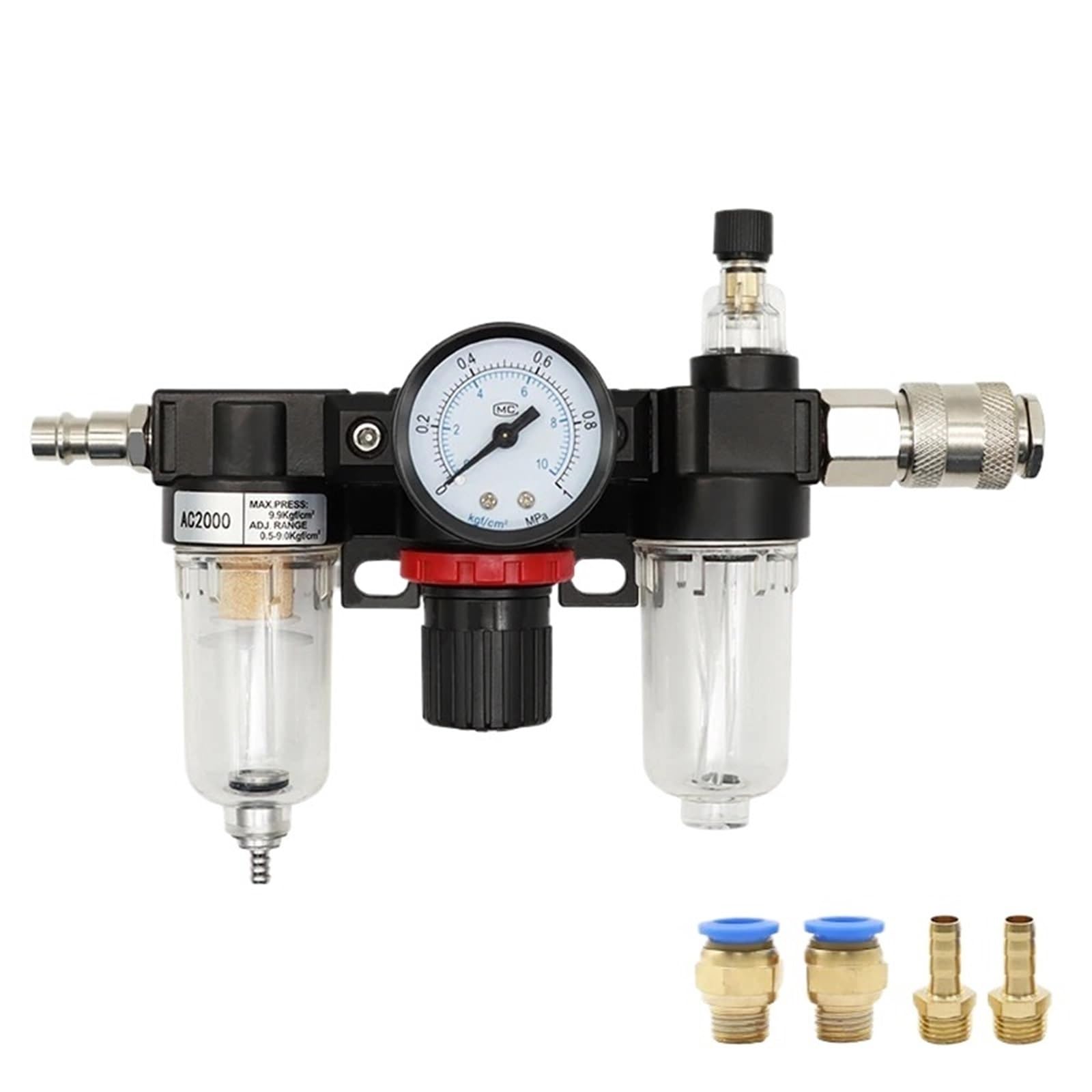 Régulateur-filtre pour compresseur d'air, Filtre de compresseur d'air jauge régulateur pression 1/4 pouces avec noyau en cuivre et raccords multiples(PC 8mm Fitting)