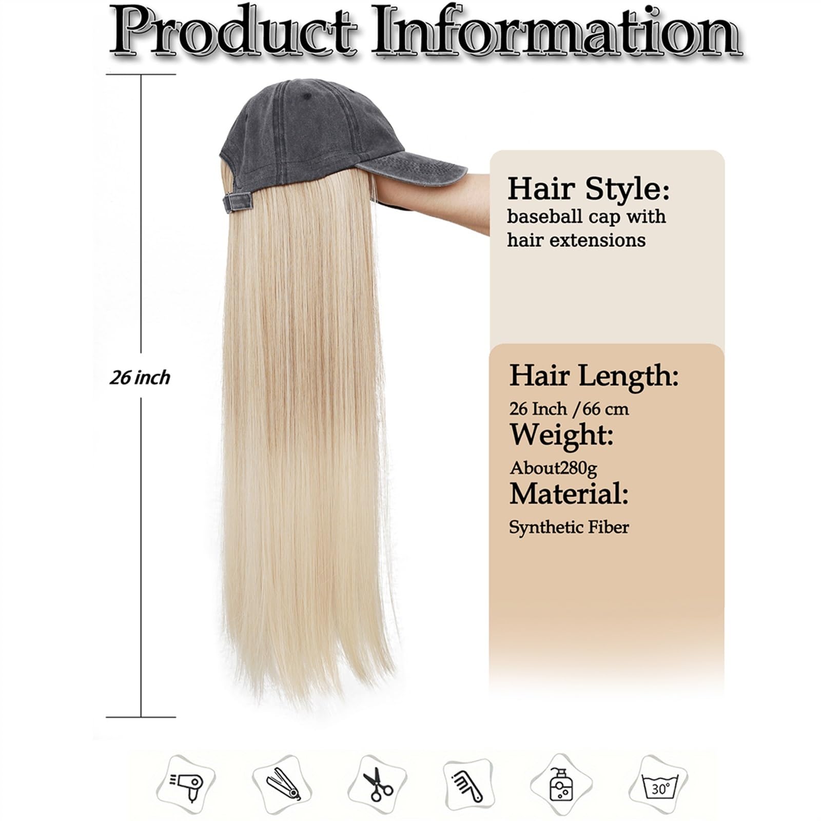 Pelucas de Pelo Largo y Liso con Gorra de béisbol, Pelucas de Sombrero de 26 Pulgadas Adjuntas for Mujer, Gorra de béisbol Ajustable con extensión de Pelo sintético(Red)