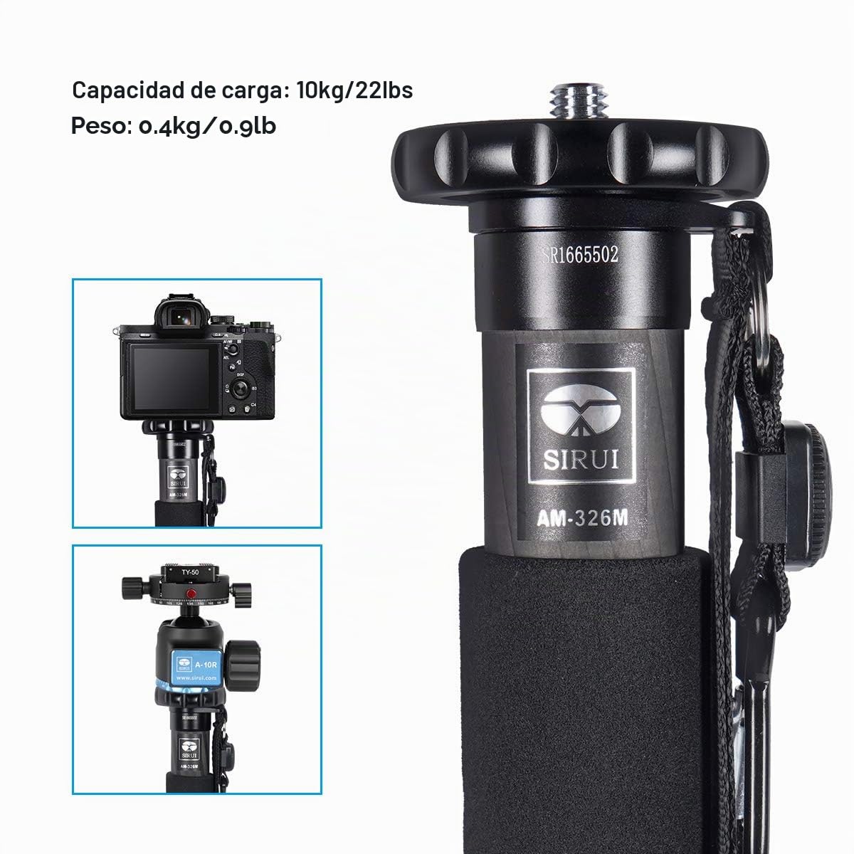 SIRUI AM-326M Monopié para Cámara, 156cm Monopié de Fotografía Profesional de 6 Secciones, Monopié de Carbono Portátil para Cámara, DSLR, Monopié de Viaje Ligero, Carga Máxima 10kg