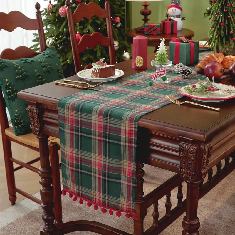 Clothfuna Tartan Weihnachtstischläufer, Grün karierte Tischdecke...