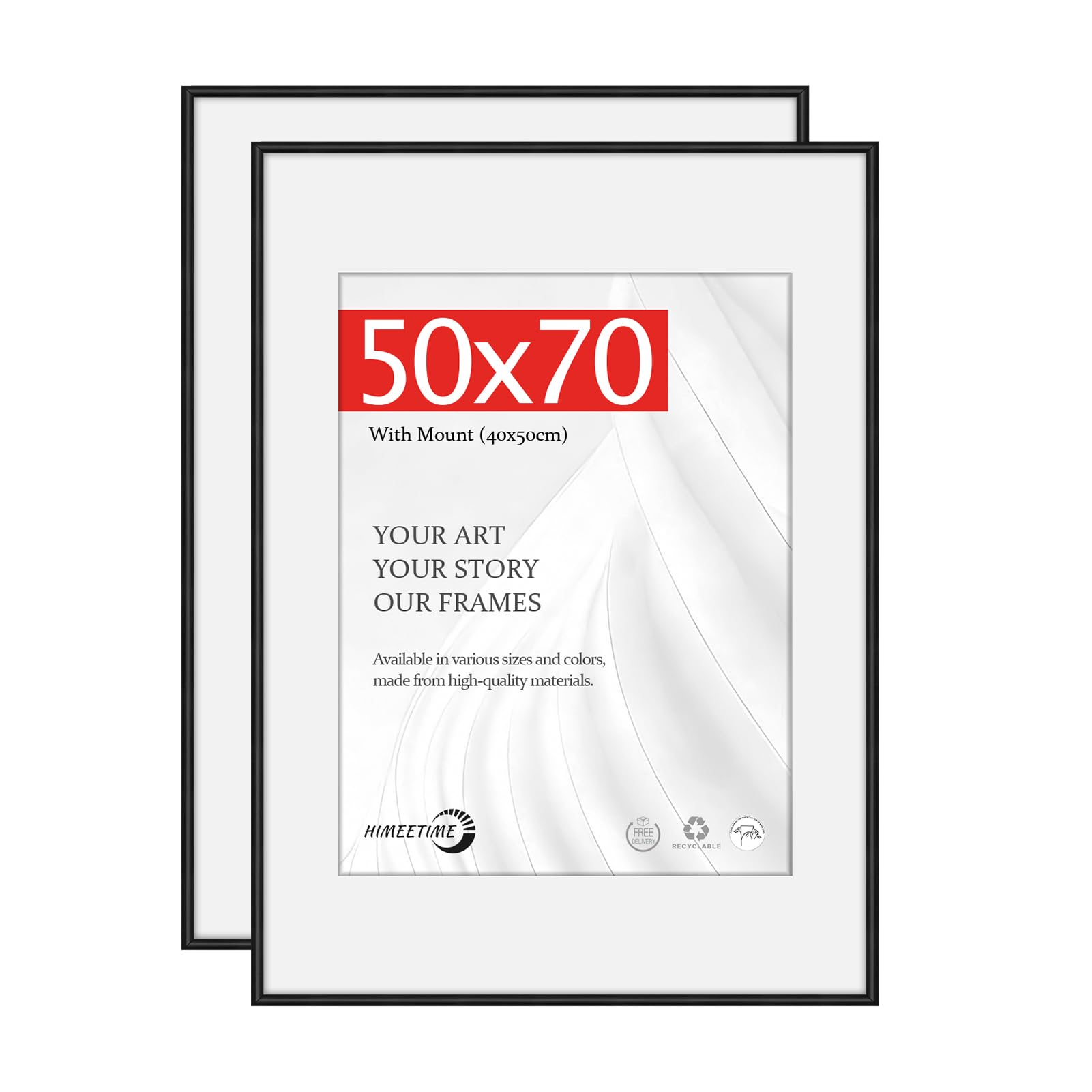 HIMEETIME® 2x 50x70cm Picture Frames,Black Aluminum Thin Frame,40x50cm Mat Included,Large Metal Narrow Wall Photo Frame Wall Hanging Landscape or Portrait Orientation
