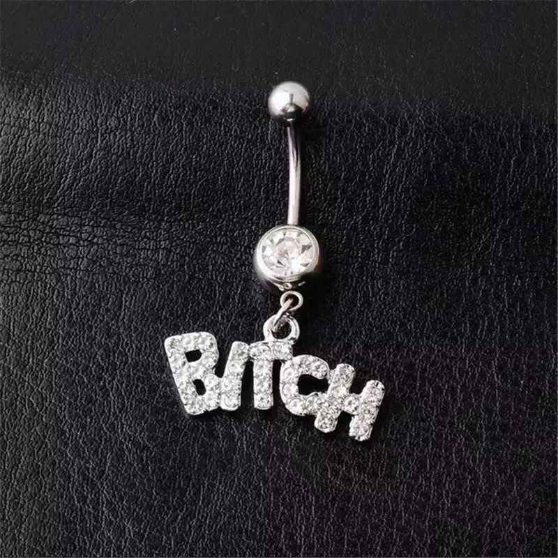 RVM Jewels Stainless Steel Crystal Belly Button Navel Ring Silver Bitch Worded Belly Rings For Women 1
