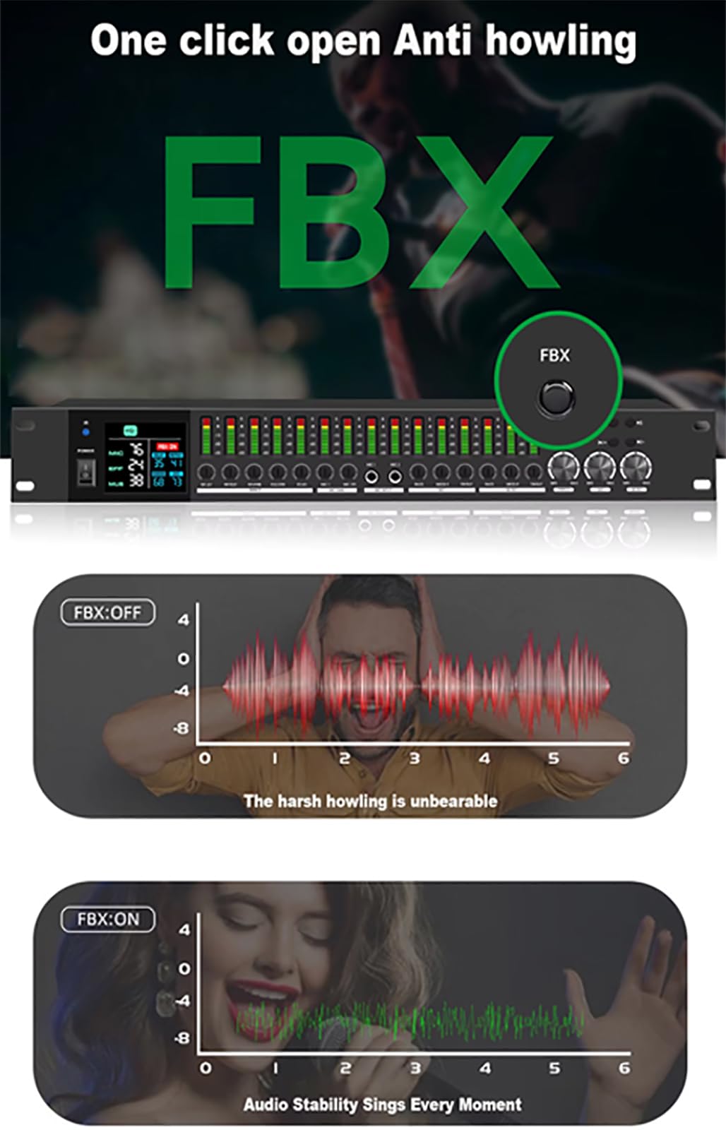 Processore Di Effetti Eco Audio Digitale Professionale, Equalizzatore Grafico Stereo, Processore Audio Anti-ululato Con Interfaccia Microfono, Anti-feedback Intelligente E Controllo Indipendente