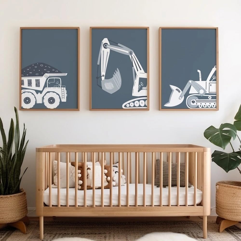 HURCP Set Of 3 Canvas Poster Cute Excavator Bulldozer Truck Construction Vehicle Blue Gray Wall Art Painting Gift Bedroom Living Room Dorm Gallery Corridor Decor Picture Prints,A4 (21X30CM)