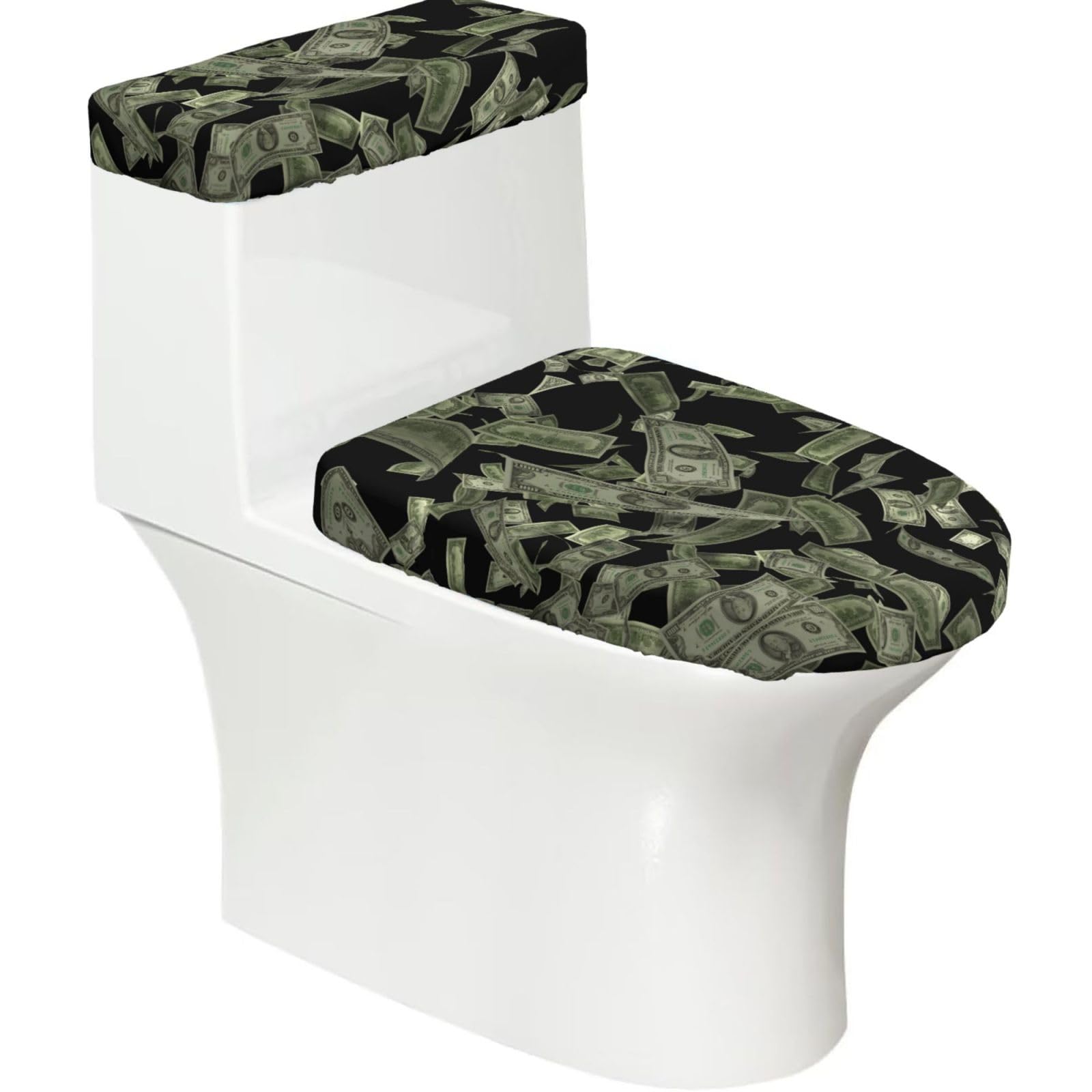 Dollar Sign Money Printed Toilet Tank and Lid Cover Set of 2 for Most Bathrooms, Fits Elongated Round Toilets