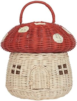 Handmade Rattan Mushroom-Shaped Storage Basket- Cute Handmade Handcrafted Decoration Artwork Rattan, Red Easy to Use