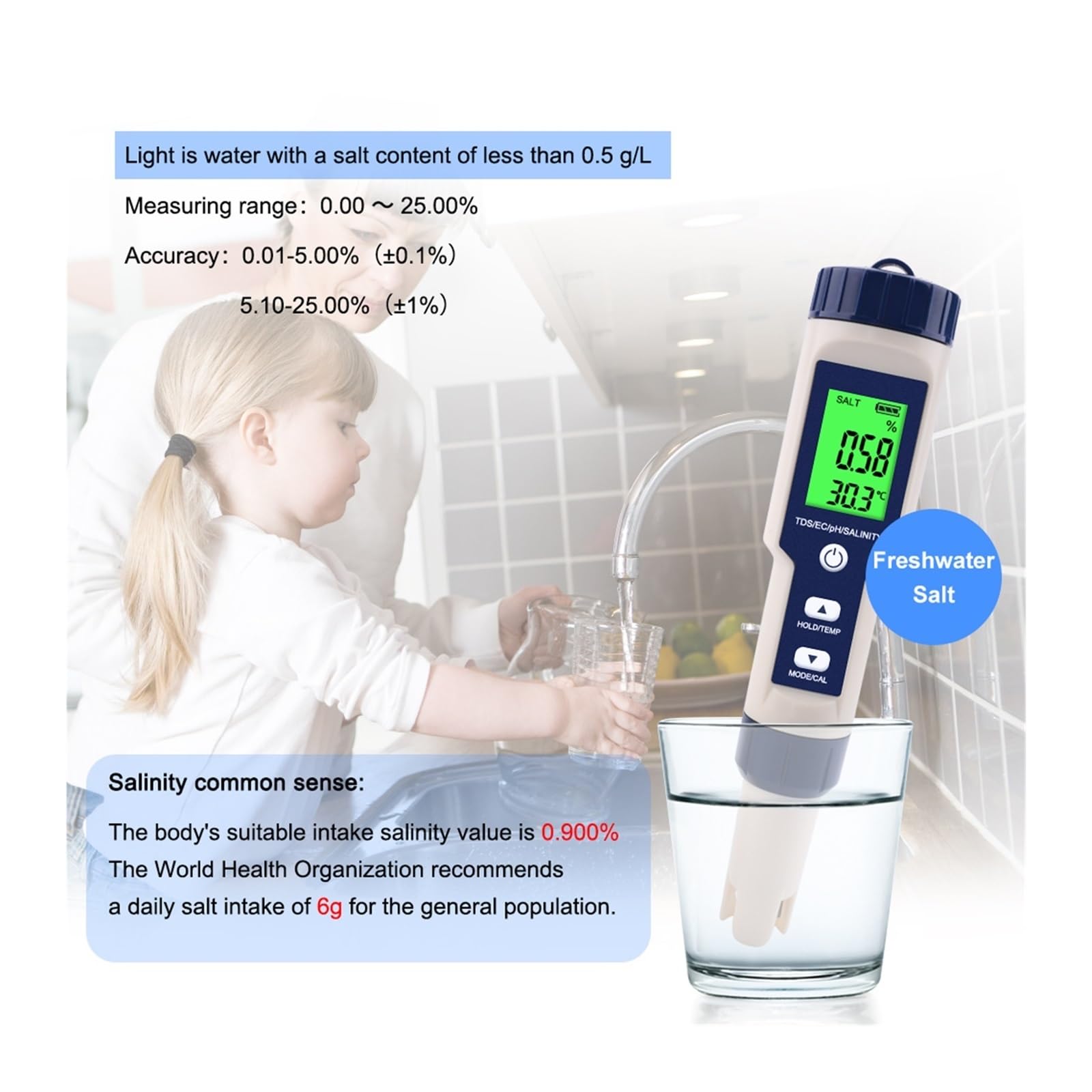Tester Digitale for monitoraggio della qualità dell'Acqua, TDS/EC/PH/salinità/Temperatura 5 in 1 for Piscine, Acqua Potabile, acquari(PH EC TDS Salt Temp)