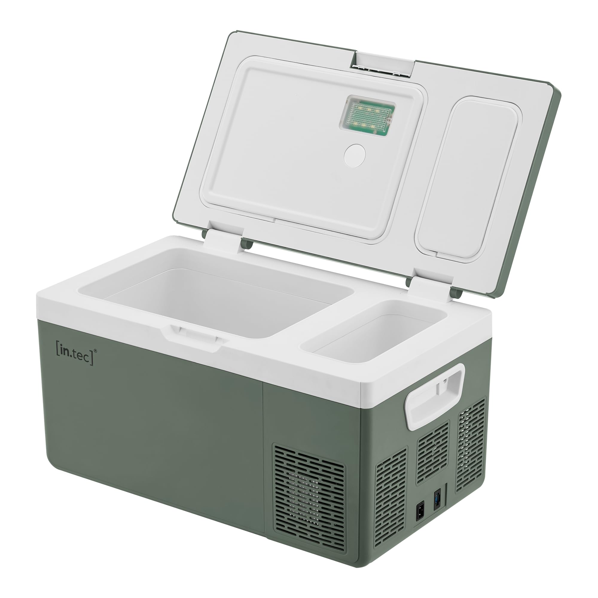 in.tec Nevera Portátil Eléctrica Arnesano Nevera Pequeña de Viaje Pantalla Digital LED con Compartimentos para Coche Barco Hogar Camping Camión hasta -20°C Plástico 15 L - Verde Militar