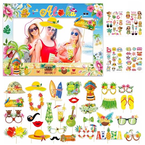 36Pcs Luau Photo Booth Props, Luau Party Decorations with Hawaiian Photo Frame and Temporary Tattoos, Hawaiian Photo Booth Props Hawaiian Party Backdrop for Summer Beach Pool Party
