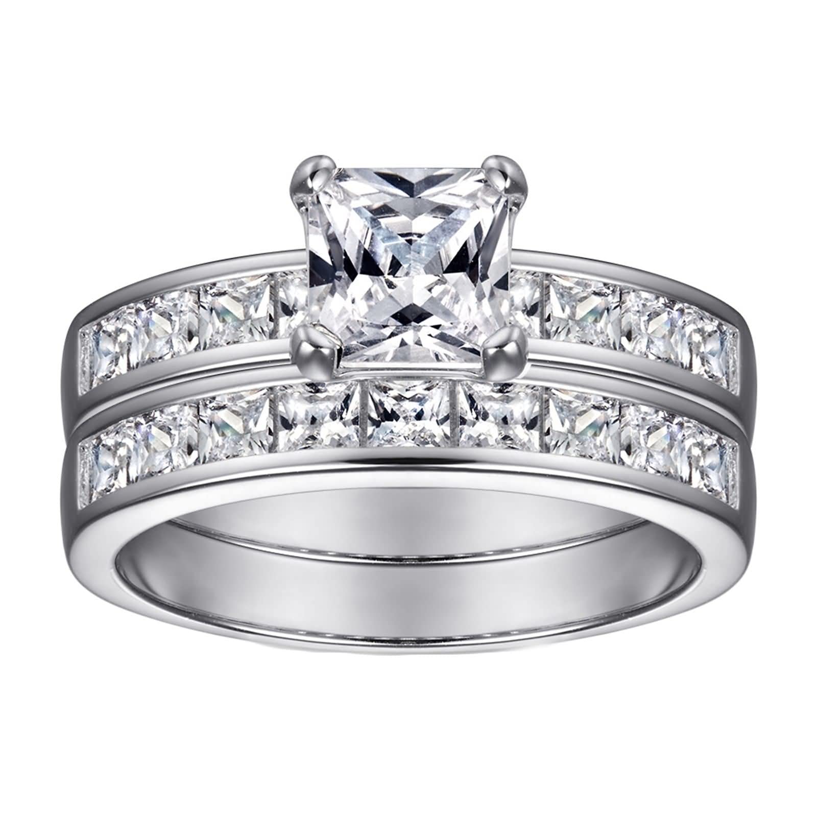 Anelli in Argento 925 Donna,Anello de Matrimonio Set di Anelli con 4 Griffe Quadrato Zirconia Cubica Argento Anello Donna Fidanzamento