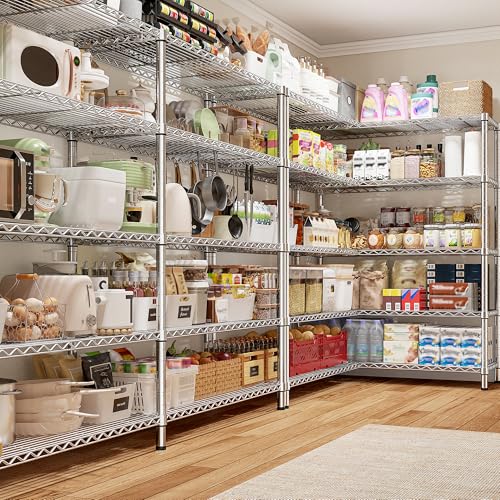 Image of REIBII 69.8 inch W Storage Shelves 1510LBS Wire Shelving Unit 5 Tier Metal Shelving for Storage Rack Shelves Adjustable Heavy Duty Garage Shelf Pantry Shelves Kitchen Shelving,69.8 inchWx15.8 inchDx72.4 inchH,Chrome