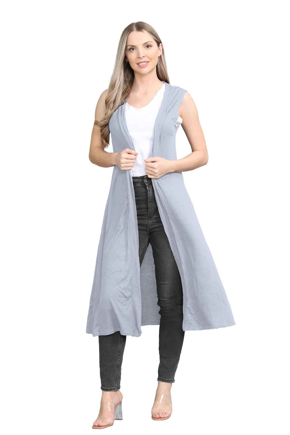 janisramone® Sleeveless Cardigans for Women UK, Stylish and Versatile Plain Open Collared Long Maxi Boyfriend Cardigan Perfect for Layering Over Summer Dresses Grey