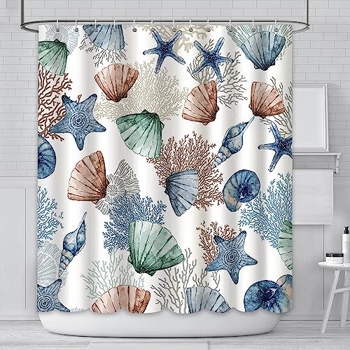 AIBIIN Nautical Coastal Shower Curtain Under The Sea Theme Bathroom Decor Marine Starfish Seashell coral Sea Waterproof Bath Curtain With 12 Hooks Modern Home Bathtub Fabric Decoration 180x180cm