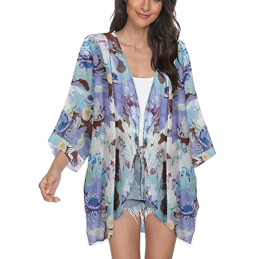 Tribear Women's Sheer Chiffon Kimono Cardigan Solid Casual Capes Beach Cover up (Small, New White)