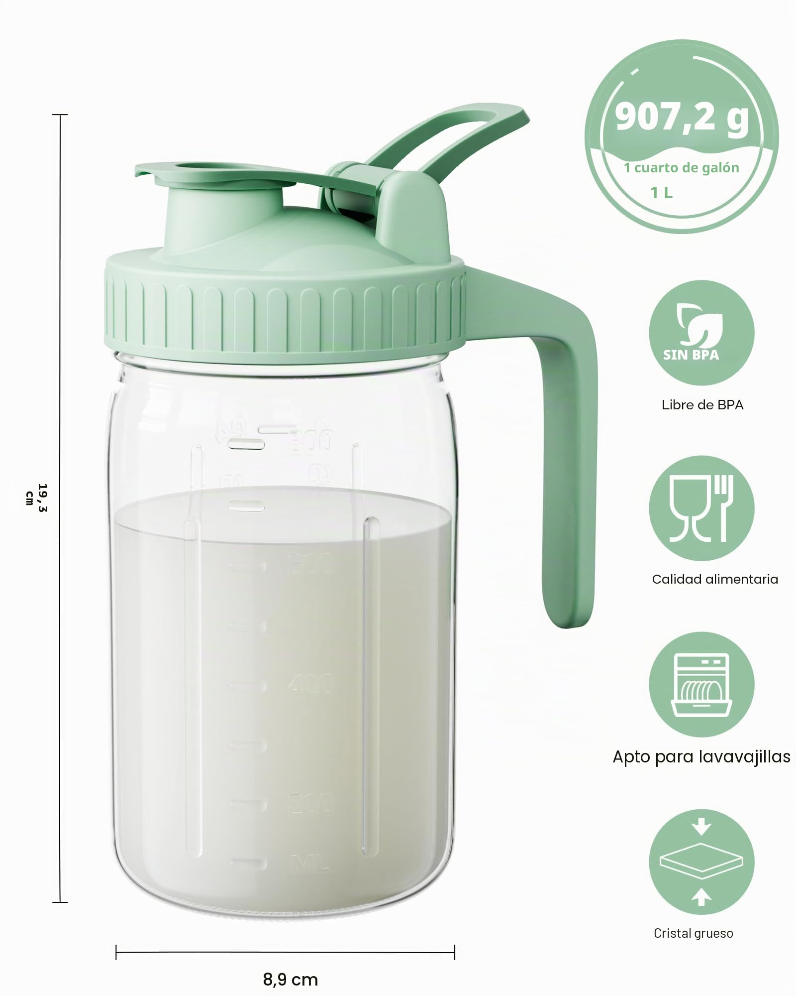 Jarra de leche materna de 32 onzas – 1 tarro de vidrio con tapa a presión y boquilla de vertido, 100% hermética a prueba de fugas para té frío, jugo, café helado