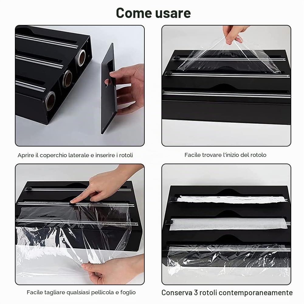 Dispenser di Pellicole in Acrilico Dispenser per Pellicola e Alluminio 34,5 x 21,6 x 7cm Dispenser Di Fogli Di Alluminio per Organizer da Cucina, Nero