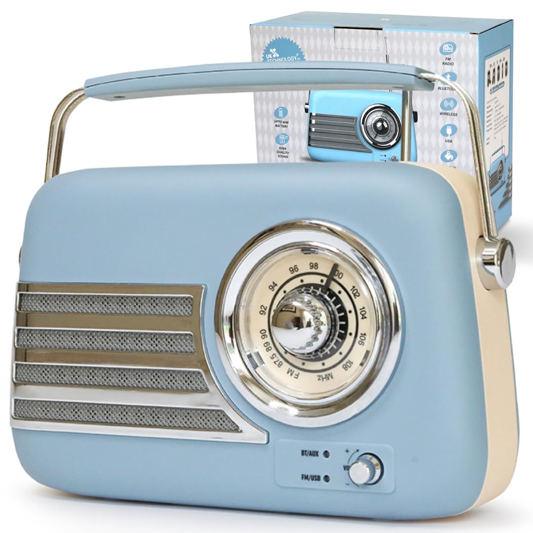 Radios Mains and Battery, Portable Radio FM/Bluetooth, Bluetooth Radio & Rechargeable, Portable Radios Mains and Battery, Large Dial Simple To Use For Elderly, 87.5-108MHz (Blue)