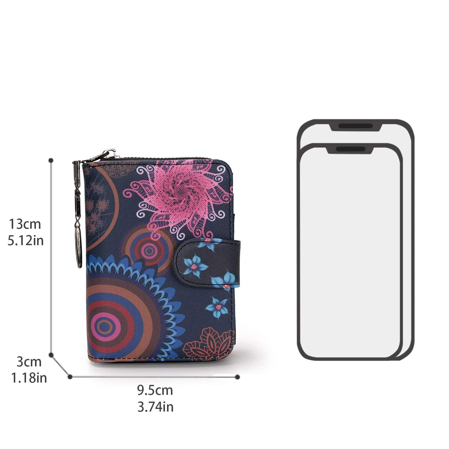 MoFut Kleiner Damen-Geldbeutel im Kurzformat, Geldbörse mit einem Blumen- und Blütenmuster, Portemonnaie bietet einen Reißverschluss Druckknopf und zahlreiche Fächer (Mandala Black)