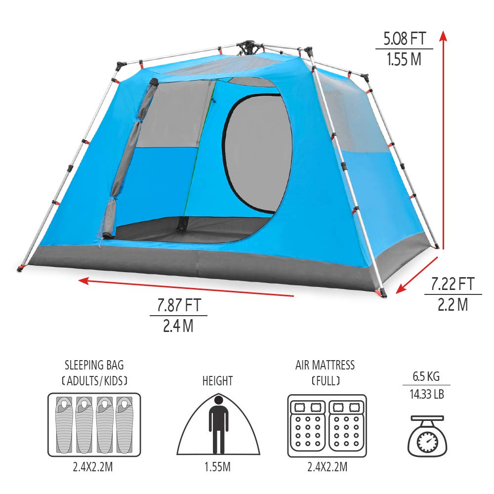 KAZOO Family Camping Tent Large Waterproof Pop Up Tents 4/6 Person Room