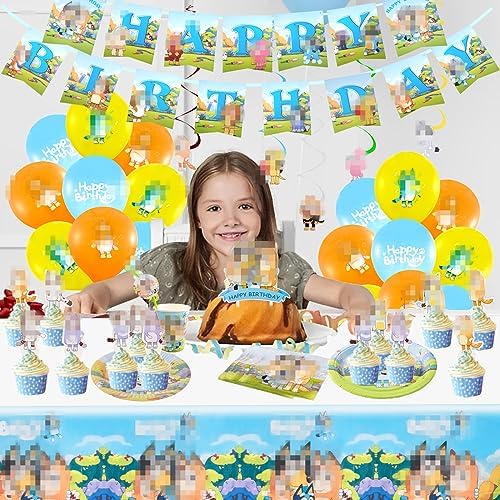 Party Decorations, 111pcs Bluey Birthday Decorations Dog Birthday Party Supplies Tableware Set Include Banner, Cake Topper, Balloons , Tablecloth ,Plates and Napkins for 10 Guests
