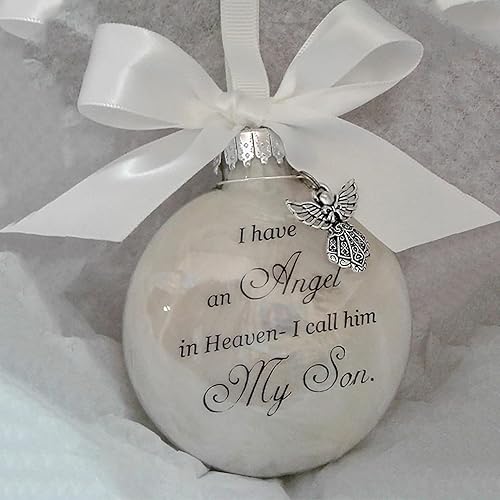 Adornos conmemorativos de Navidad, bola de plumas con texto en inglés "I Have an Angel in Heaven" con un pequeño ángel de Navidad, adorno de Navidad