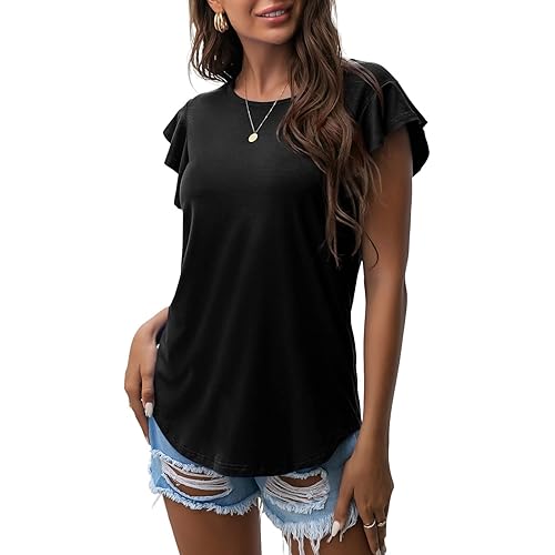 PrinStory Summer Tops Knit Shirts Casual Ruffle Short Sleeve Top Round Neck Tunic Tank Tops Tee Blouse for Women