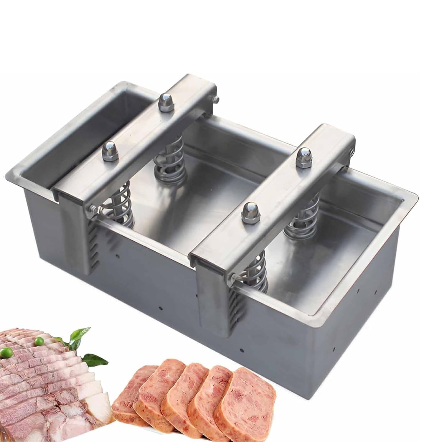 Molde de acero inoxidable para prensa de carne con resorte de compresión y placa base extraíble para carnes de jamón y delicatessen