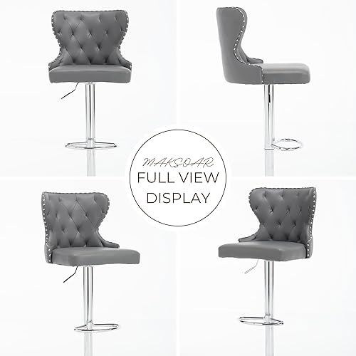 Miniatura 5 de Juego de 2 taburetes de bar giratorios ajustables, sillas tapizadas de altura de mostrador con respaldo alto y ribete de cabeza de clavo, patas y