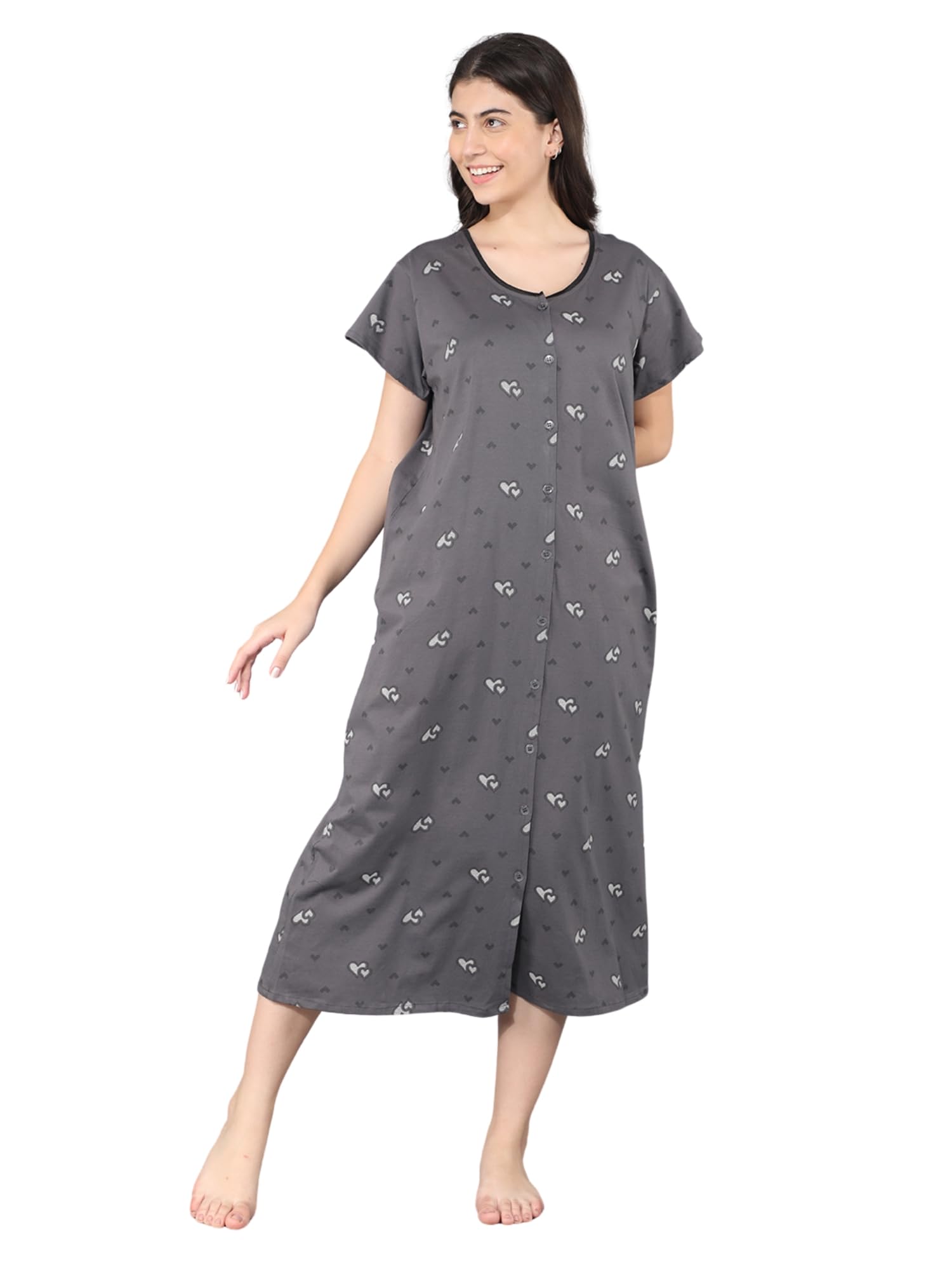 Women's- Maternity | Hospital | Delivery Gown | Feeding | Nursing Nighty- Sinker Cotton Knits Fabric- Front Open | Printed | Full Button Open | Short Sleeves