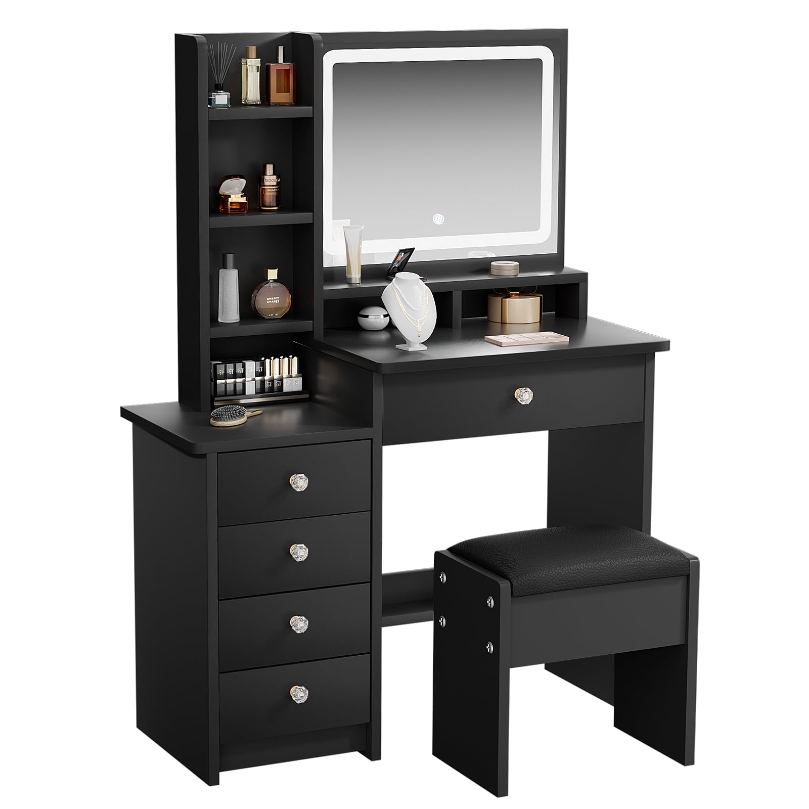 ZenkiHome Dressing Table with LED Mirror and Stool, 90cm Black Vanity Desk