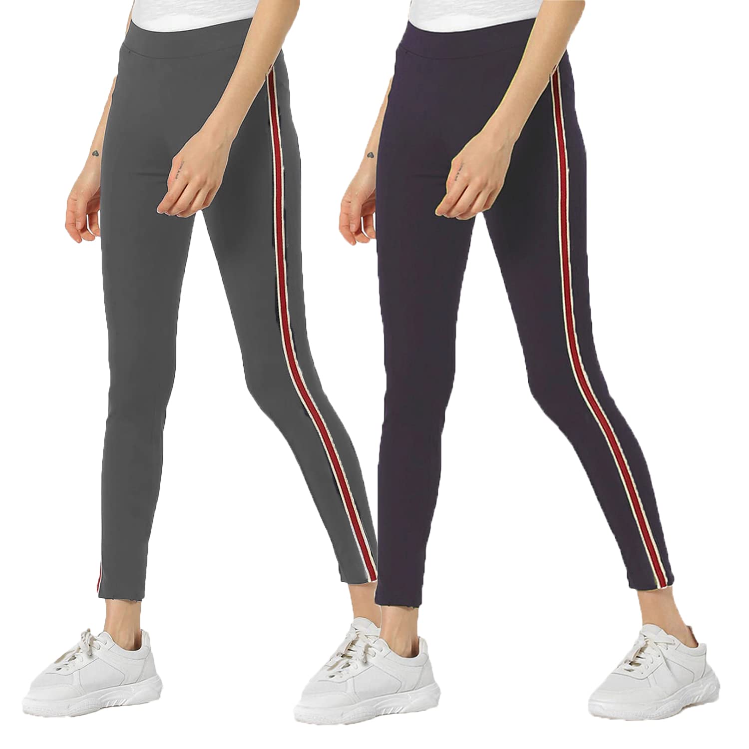 brand flex Gym wear Leggings Free Size Combo Workout Trousers | Stretchable Striped Jeggings | Yoga Track Pants for Girls & Women (Free Size 28-34 inch Waist)(2 Pack)-picture-1